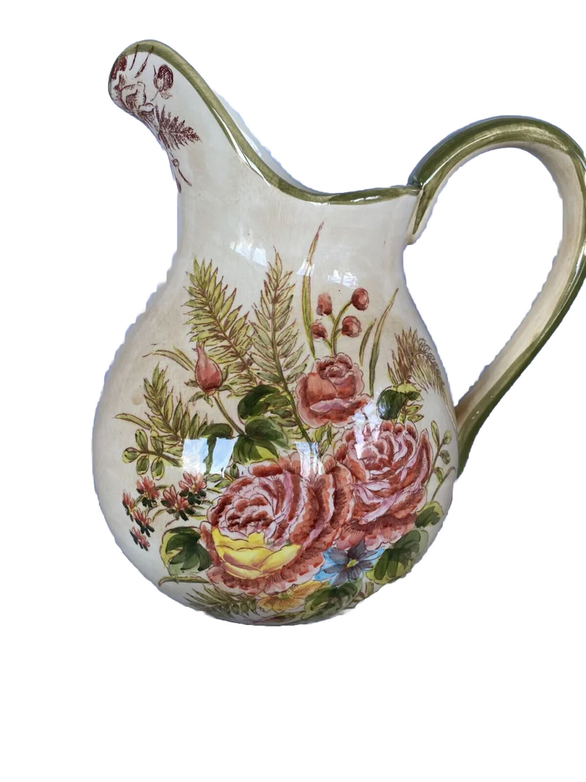 Vintage Victorian Large Floral Fern and Rose 10” Water Pitcher Bud Vase