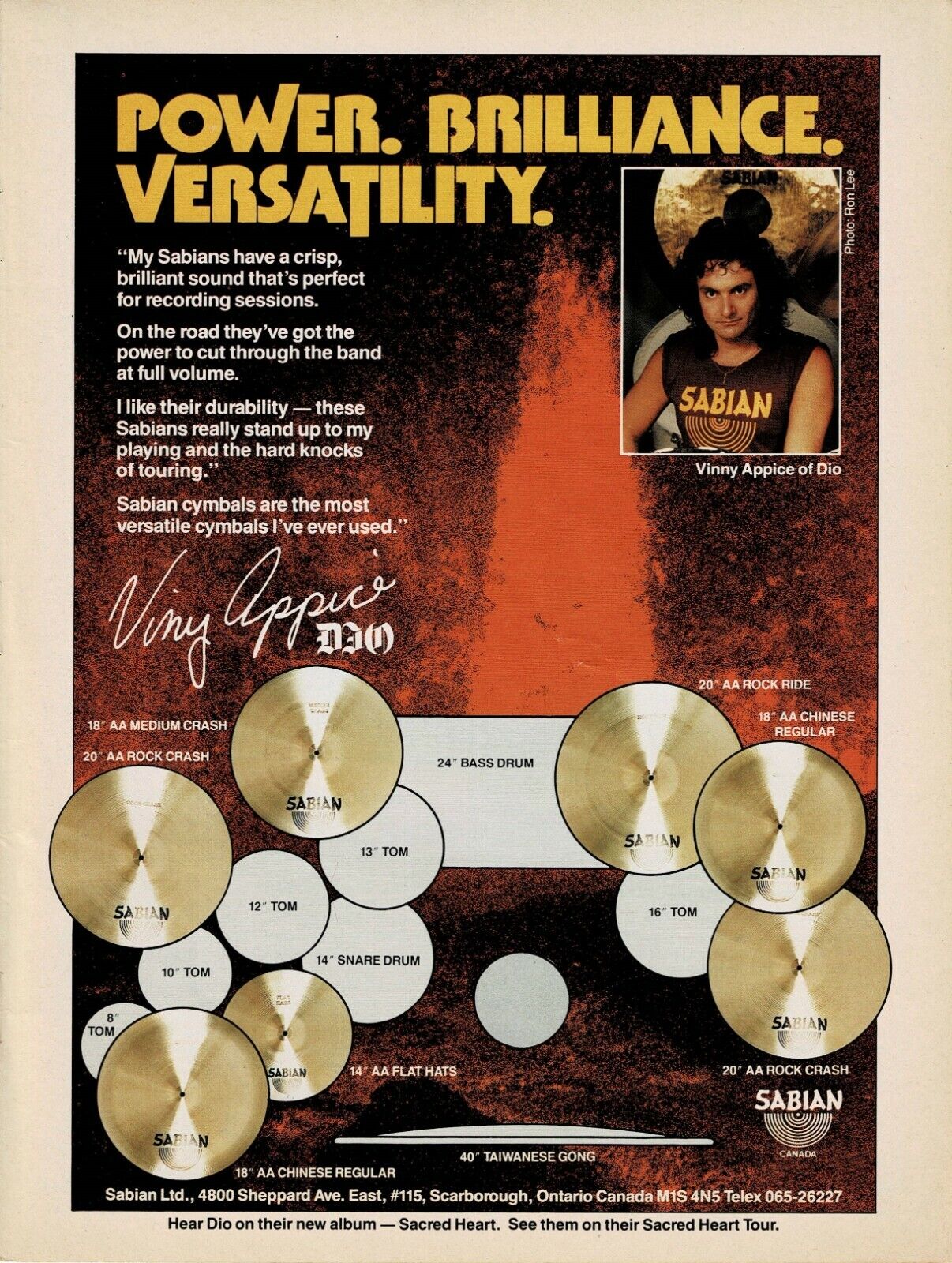 SABIAN CYMBALS - VINNY APPICE of DIO - 1986 Print Ad