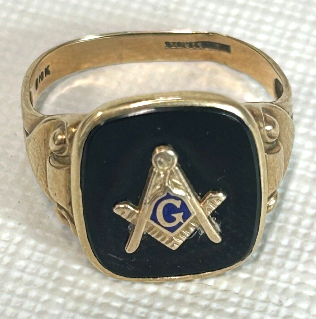 Antique 1926 Masonic Mens Member Ring 10K Gold Black Onyx 3.7 G Sz 10