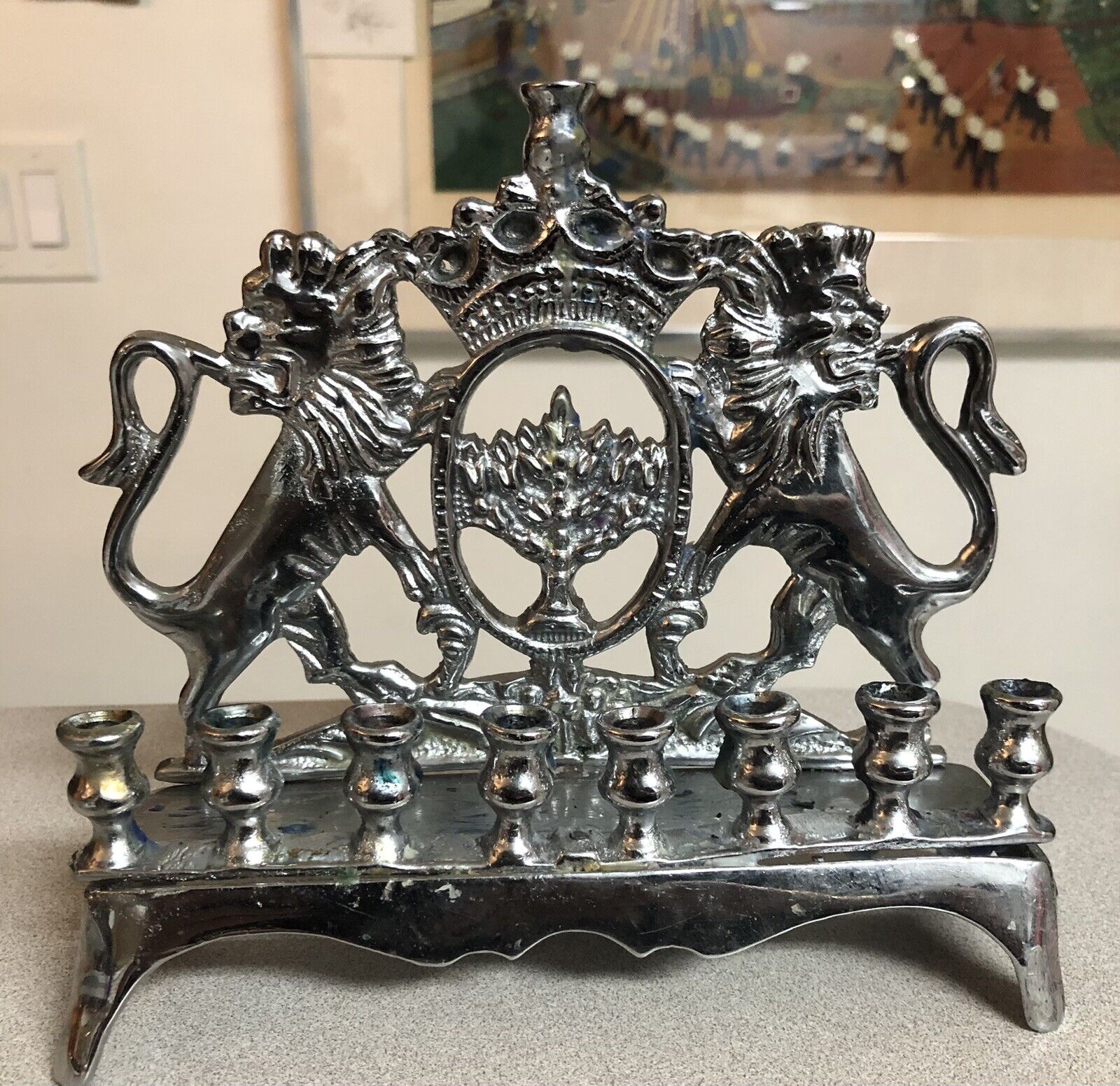 Antique Heavy Cast  Menorah 2 Lions of Judah Crown 9 Candle Judaica