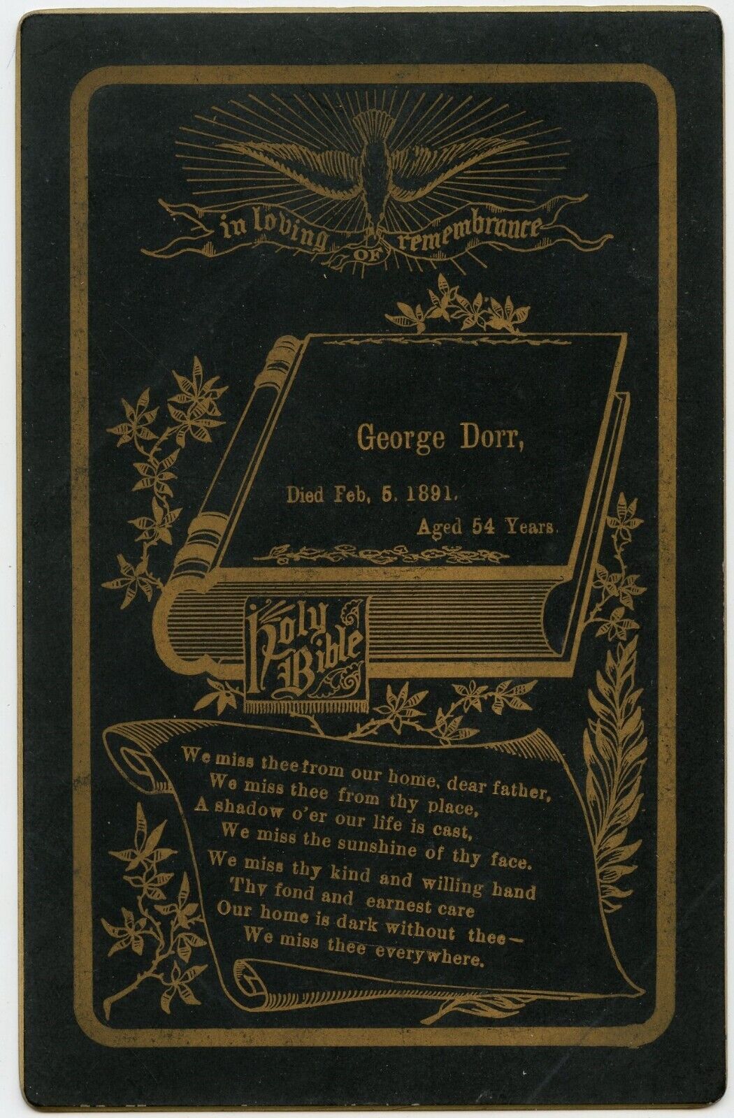 Vintage Memorial Card by Utter , Chicago IL ,  1891 , mourning death