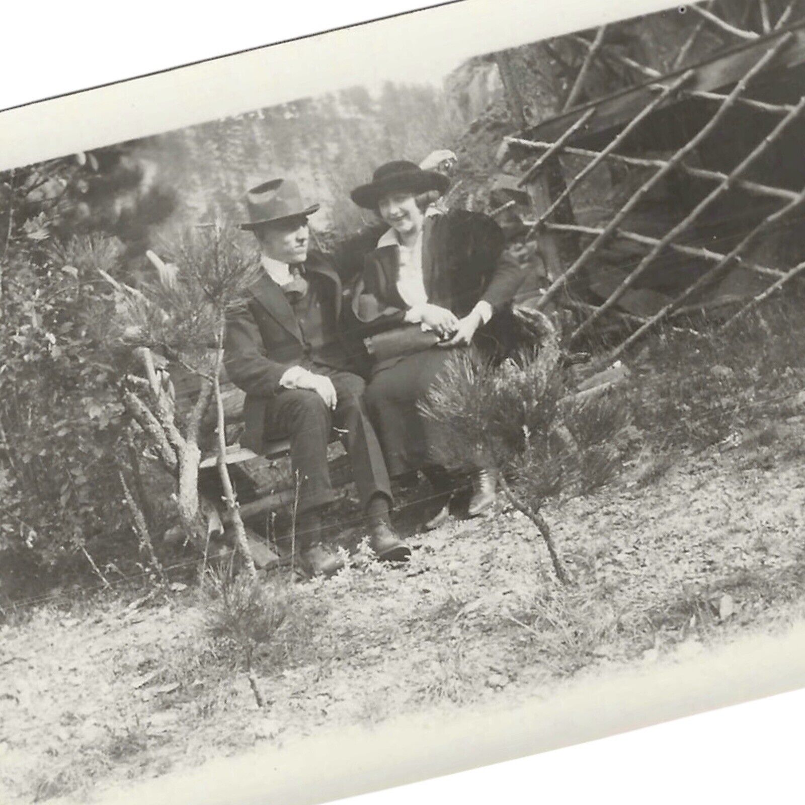 Antique Snapshot Photo Woman Man Couple Sitting On Bench