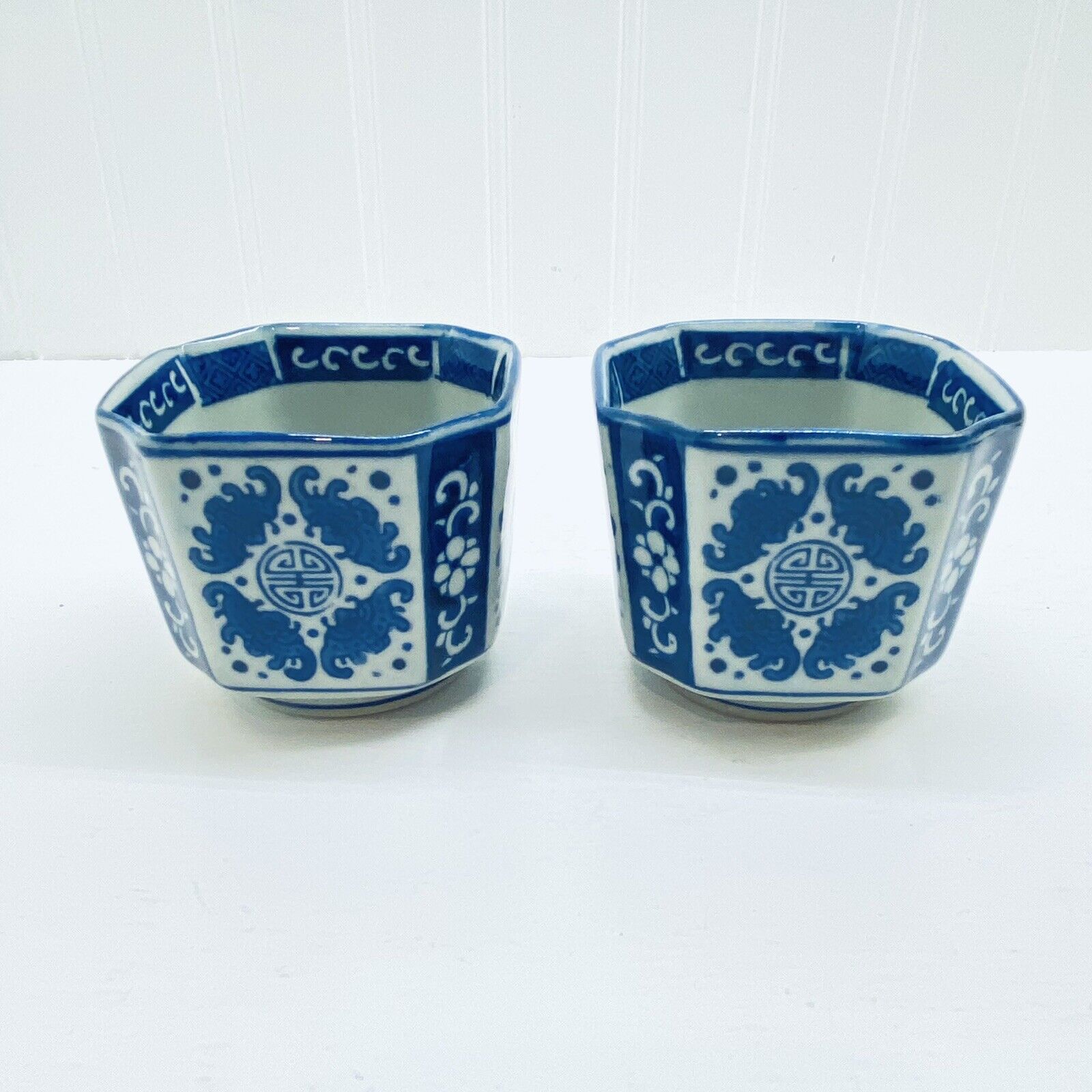 Vintage Porcelain Pottery Planter Decorative Chinese Blue White Cups Set Of 2