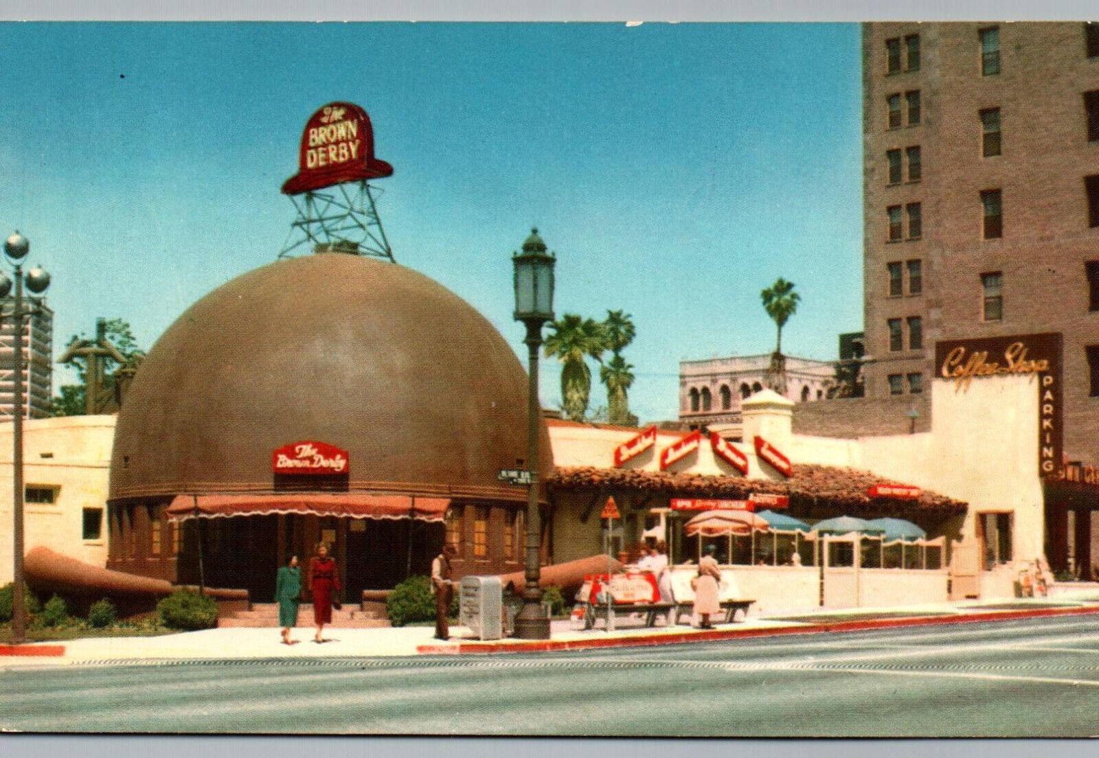 Los Angeles CA Postcard Brown Derby Hat Restaurant California Street View Chrome