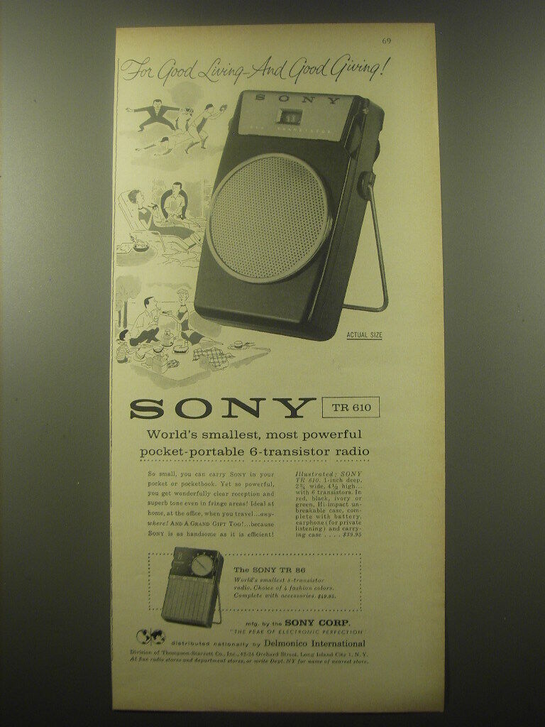 1959 Sony TR 610 and TR 86 Radios Ad - For good living - and good giving