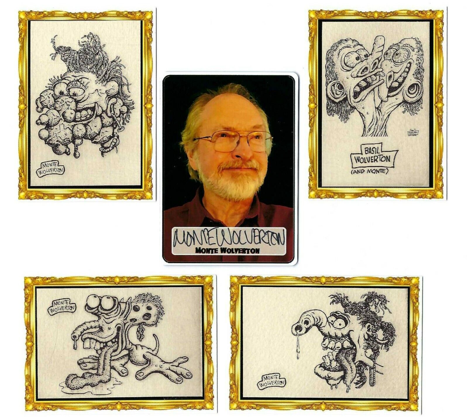 BASIL WOLVERTON AND MONTE ETCHINGS SET OF 4 CARDS /69  PLUS AUTOGRAPHED METAL