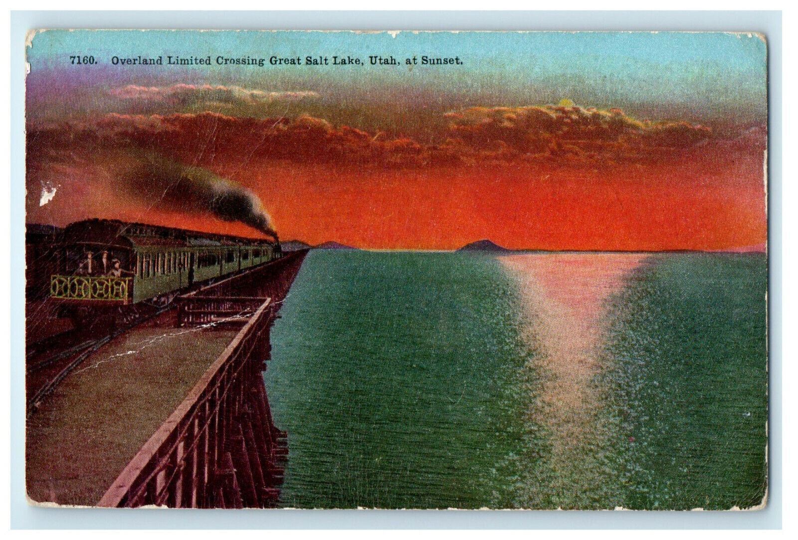 c1910s Train Locomotive in Ogden-Lucin Cut-Off Utah UT Posted Sunset Postcard
