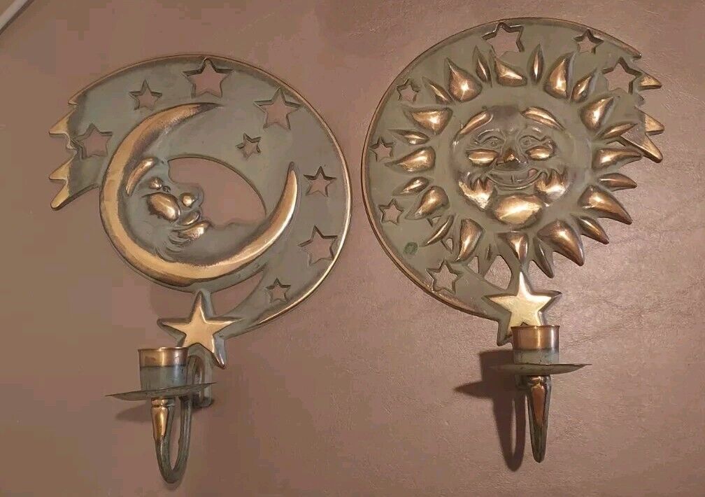 Vintage Partylite 1994 Celestial Crescent Wall Candle Holder Pair Sun and Moon