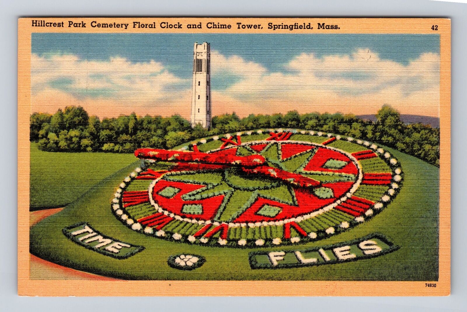 Springfield MA-Massachusetts, Hillcrest Cemetery Floral Clock, Vintage Postcard