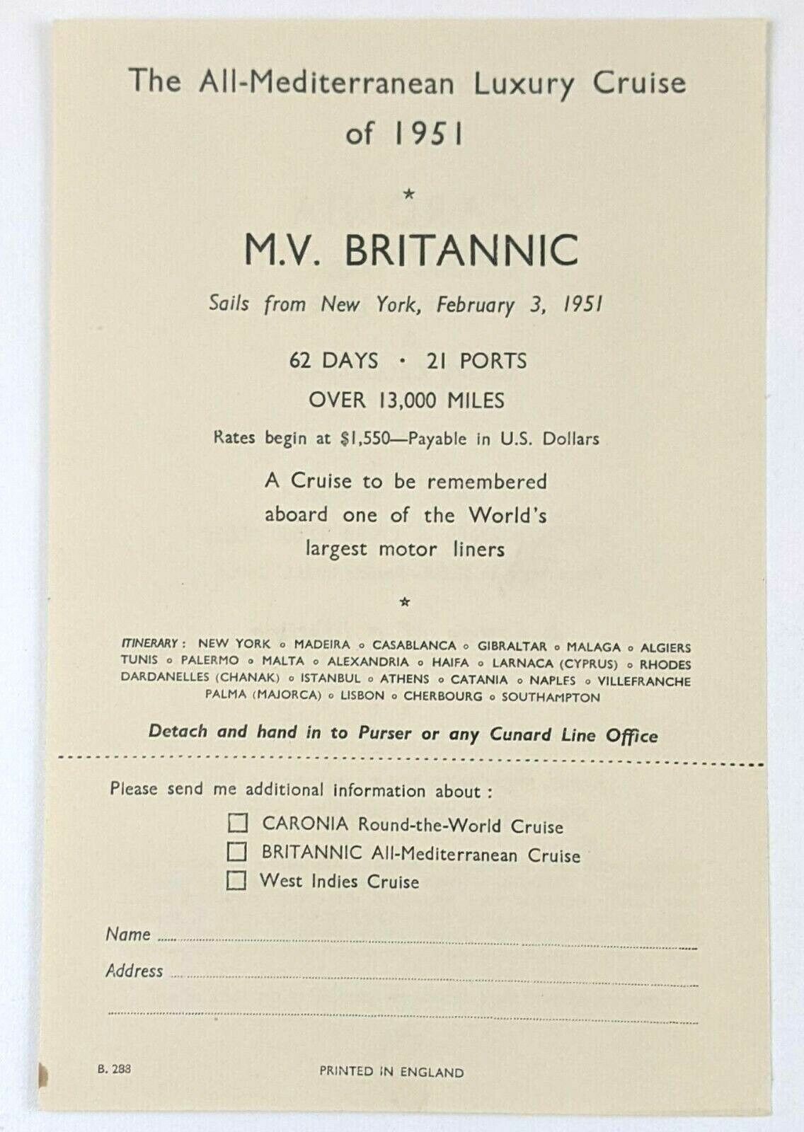1951 MV Britannic Caronia Cunard Line RMS Luxury Cruise Vintage Flyer Promotion