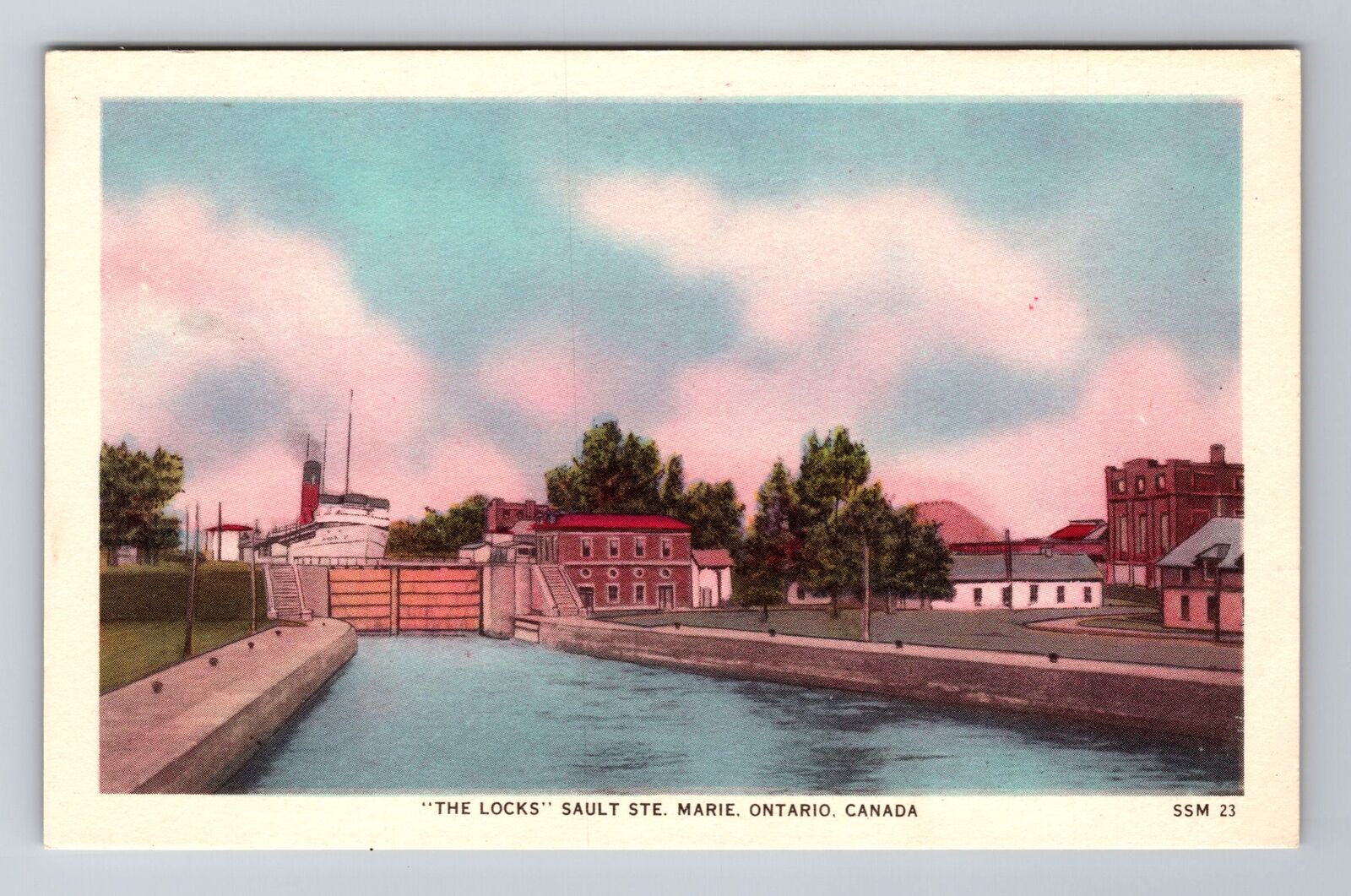 Sault Ste Marie-Ontario, The Locks, Antique, Vintage Souvenir Postcard