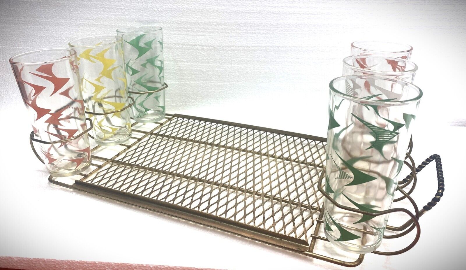 Vintage MCM Boomerang Tumbler Tea Glasses Wire Basket Serving Tray Set - 43PT