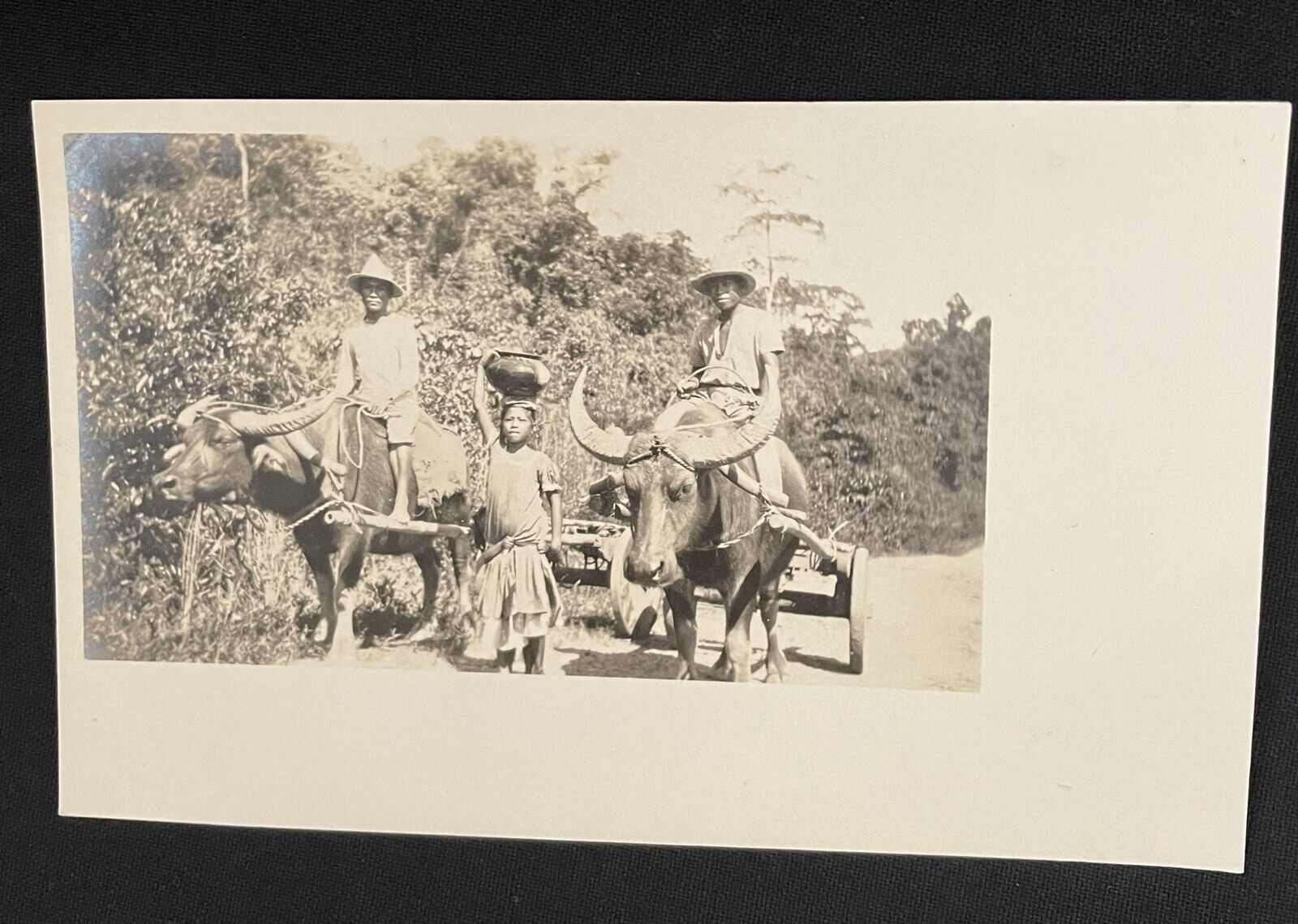 Men Riding Carabao Child w/Pot RPPC Philippines Unposted
