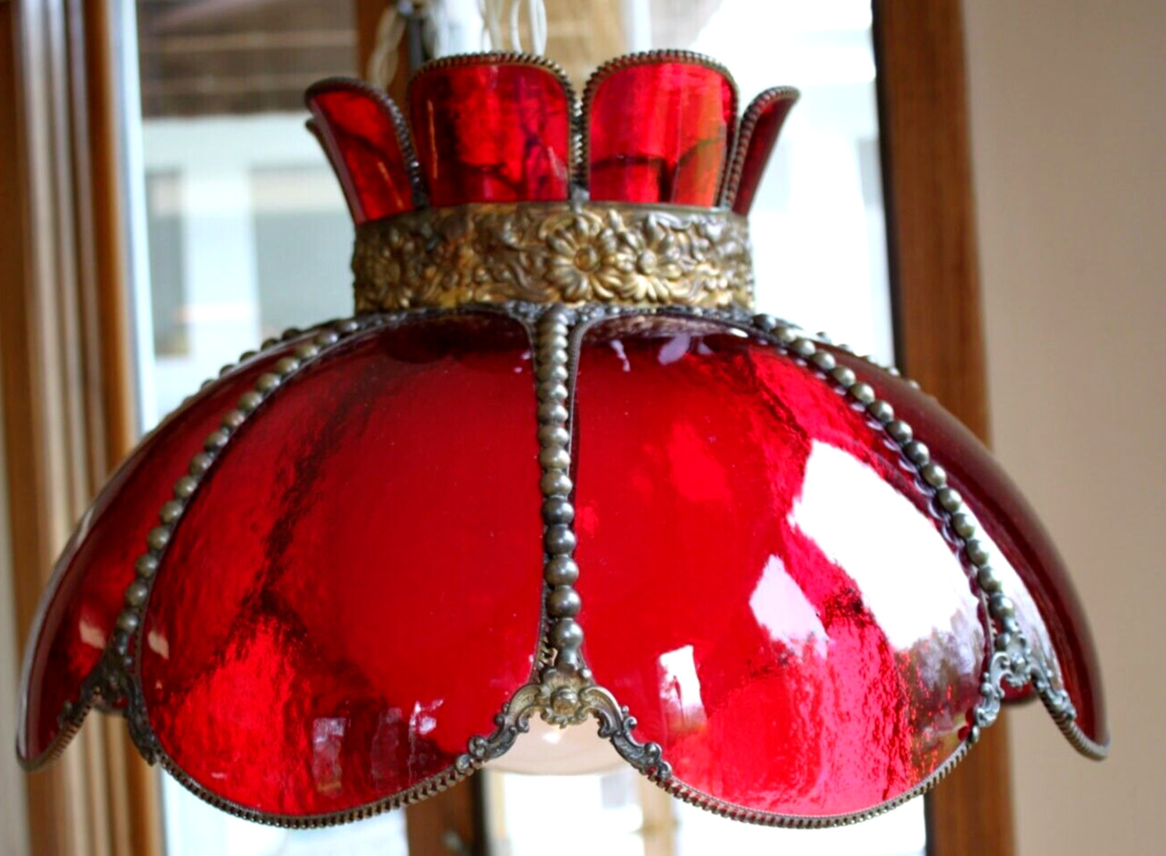 Vintage Ruby Red Glass Scalloped Antiqued Brass Beaded Metal Swag Lamp 70'