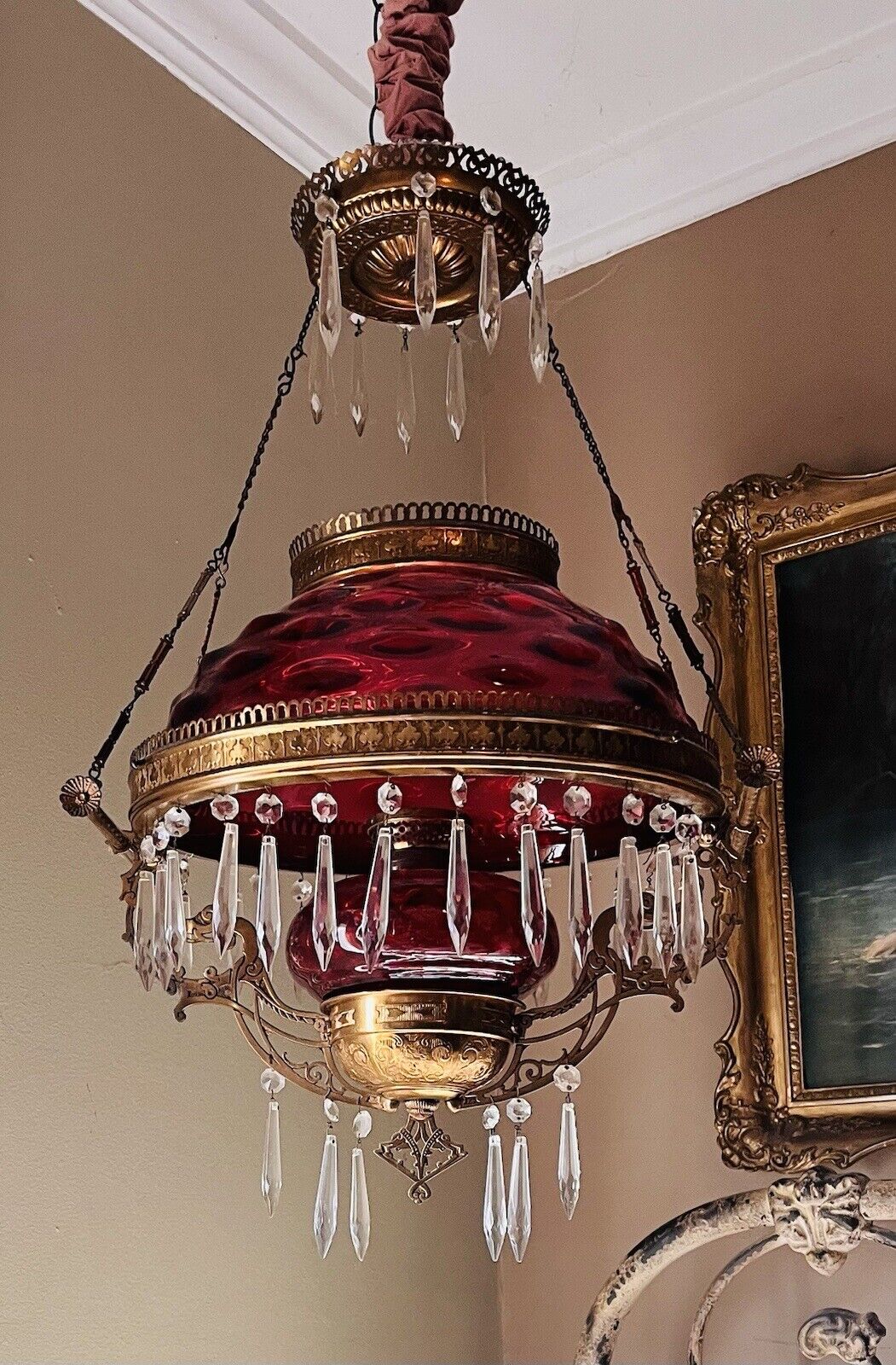 Victorian Parlor ceiling Chandelier  Lamp Antique Cranberry Thumbprint 1880