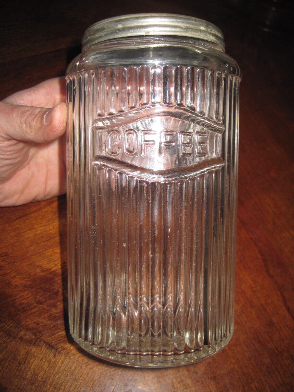 Vintage Antique Ribbed Round Hoosier Glass Coffee Jar Canister Kitchen Storage