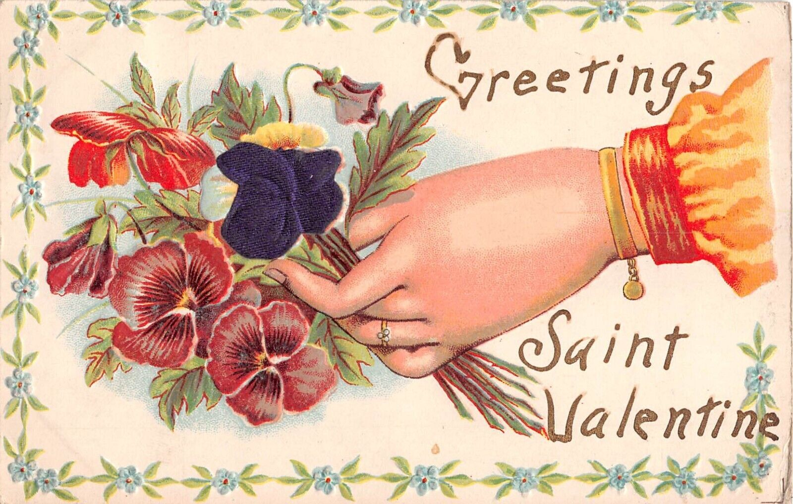 1908 Valentine's Day PC of Lady's Hand Holding Bouquet of Pansies & Silk Violet