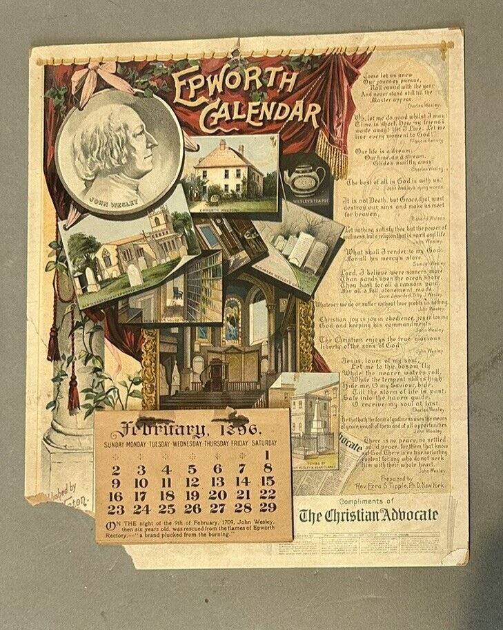 Antique 1896 Epworth Advertising Calendar Compliments of the Christian Advocate