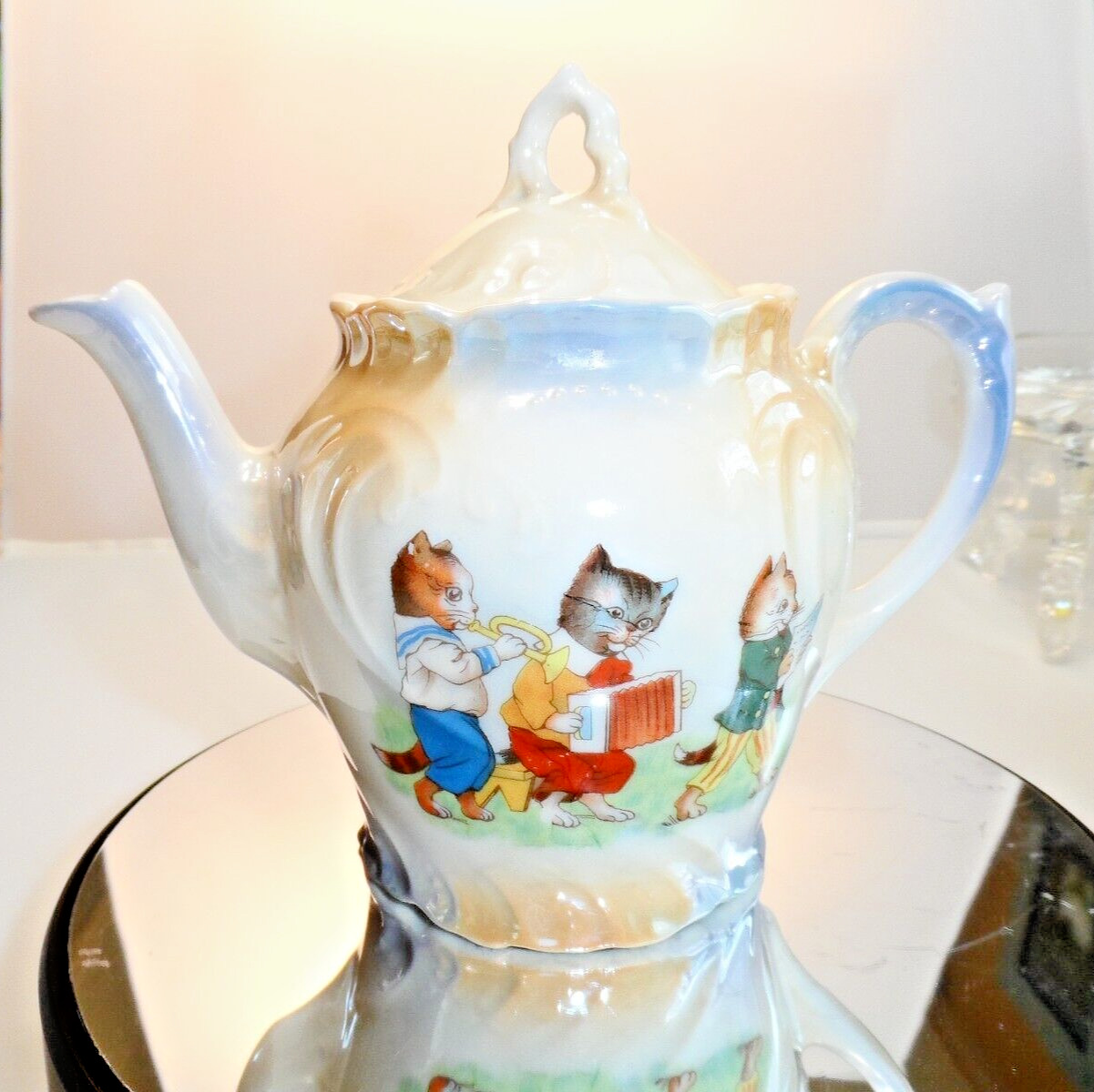 Antique German Lustreware Child\'s Teapot w/ Cats Kitties ExCond - Rare Adorable