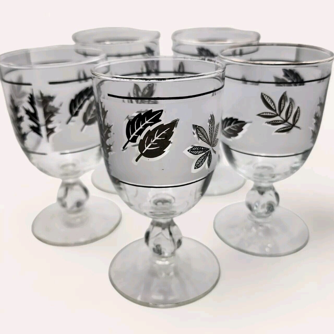 Set of Five Vintage Libby Silver Leaf Frosted Glasses Wine Goblets 1960's MCM