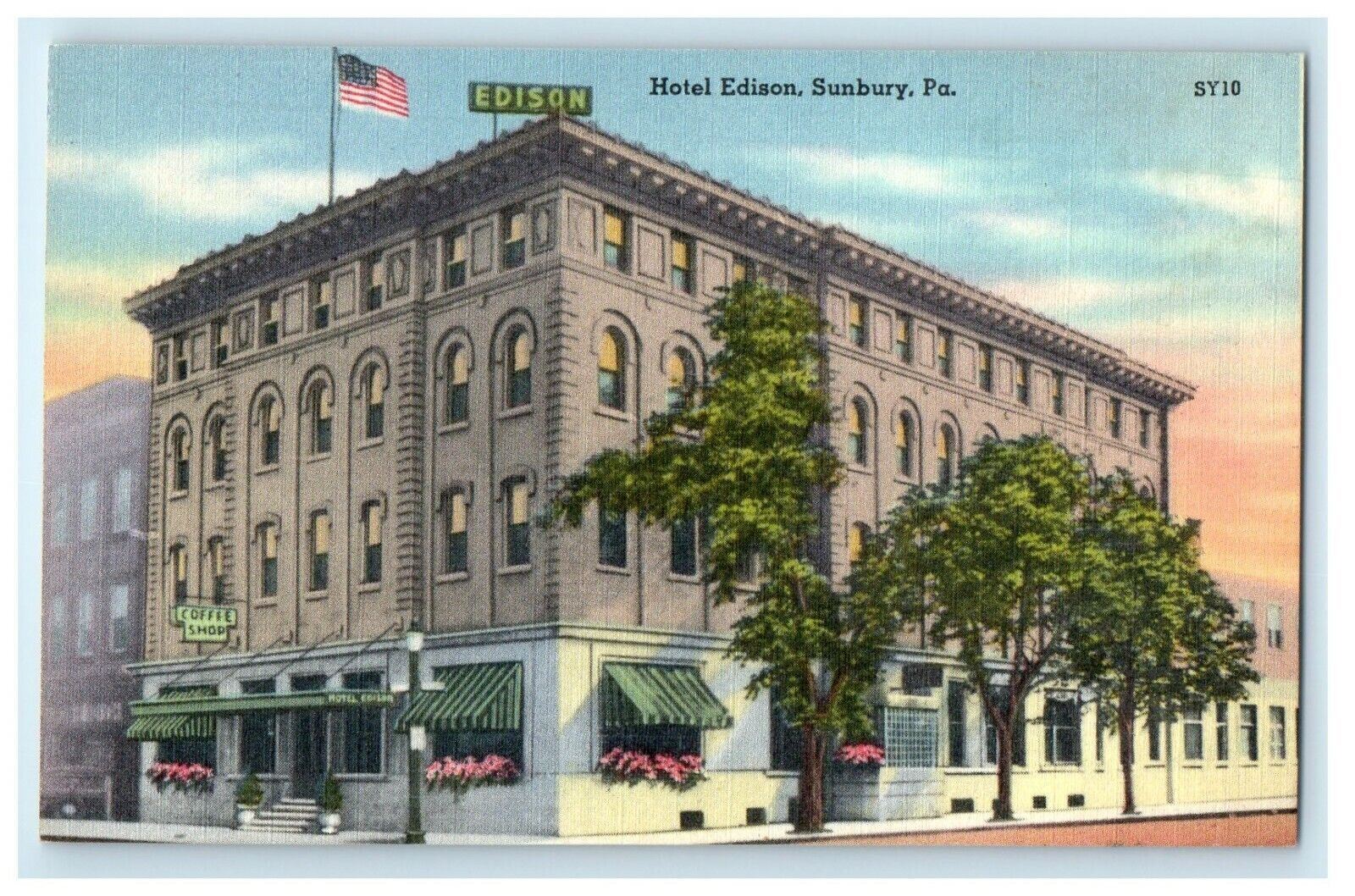 c1940\'s Hotel Edison Building Street View Sunbury Pennsylvania PA Postcard