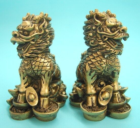 Pair of Golden Feng Shui Chi Lin QiLin Kei Loons Dragon Horse Heavenly Unicorn 