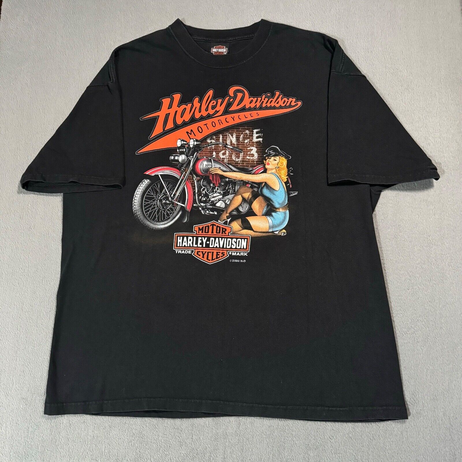 Harley Davidson Tulsa Ok Vtg Y2K Hanes Beefy Motorcycles Pin Up T Shirt USA 2XL