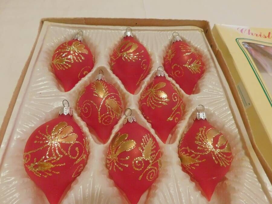 8 Vintage Blown Glass Commodore Romania Christmas Ornaments Teardrop Red Gold