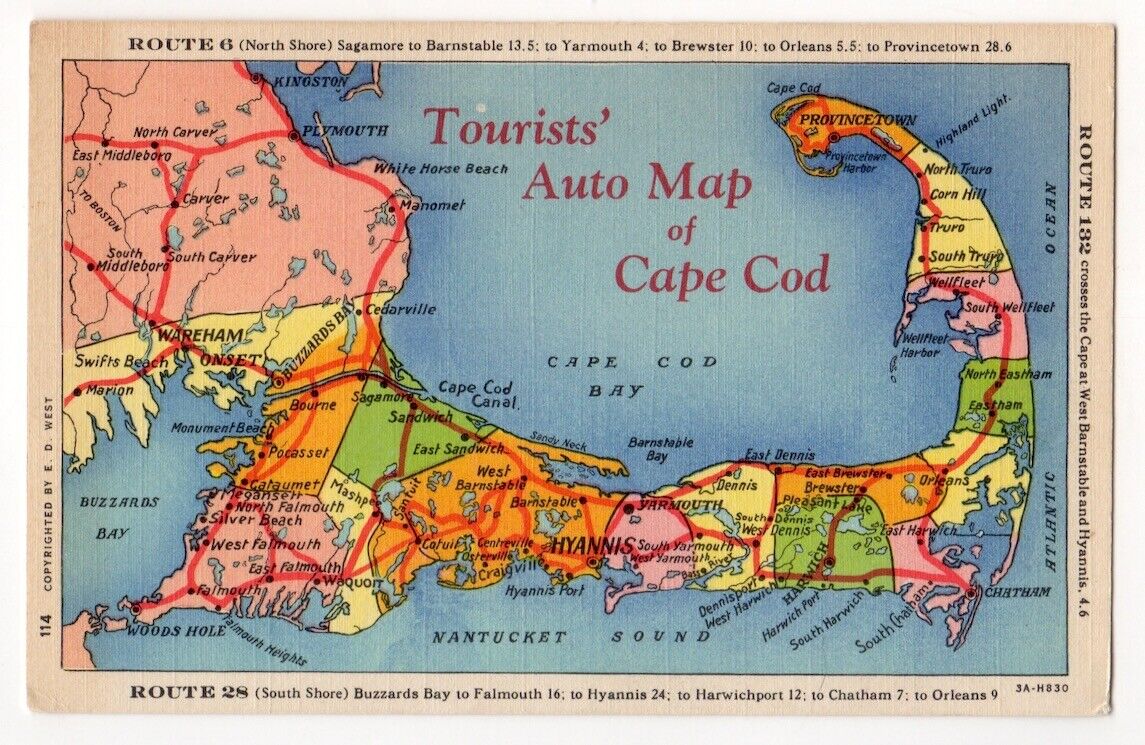 Cape Cod Massachusetts c1940\'s Tourist Auto Road Map, Nantucket Sound, Bay