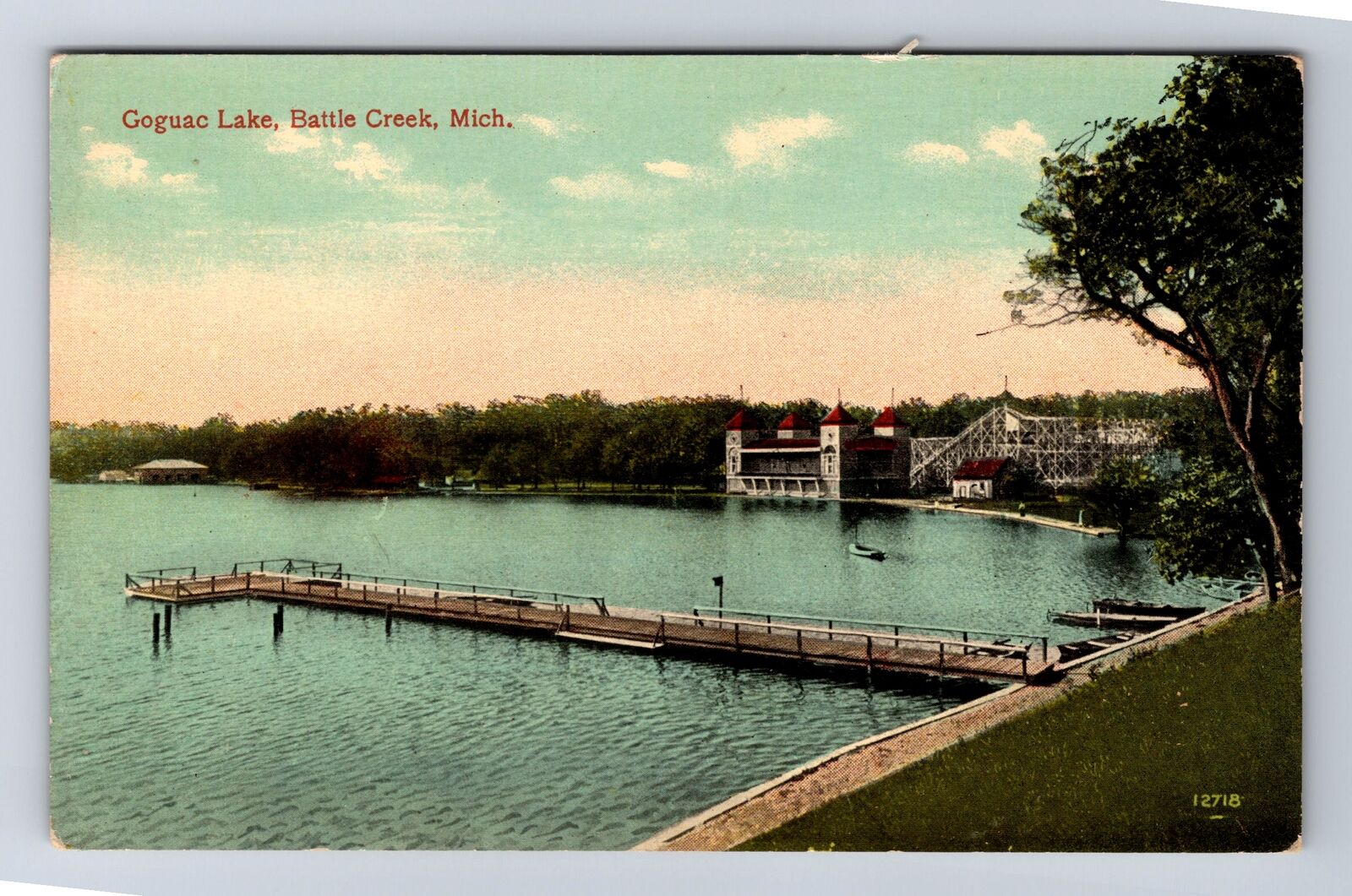 Battle Creek MI-Michigan, Goguac Lake, Roller Coaster-Souvenir, Vintage Postcard