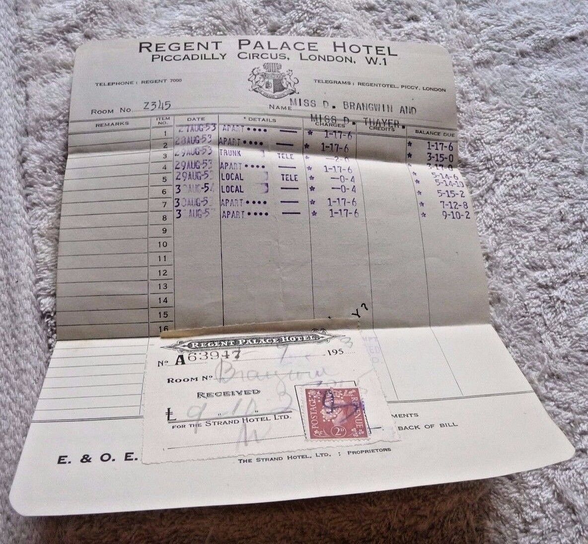 VINTAGE INVOICE REGENT PALACE HOTEL w/STAMP PICCADILLY CIRCUS LONDON 1953