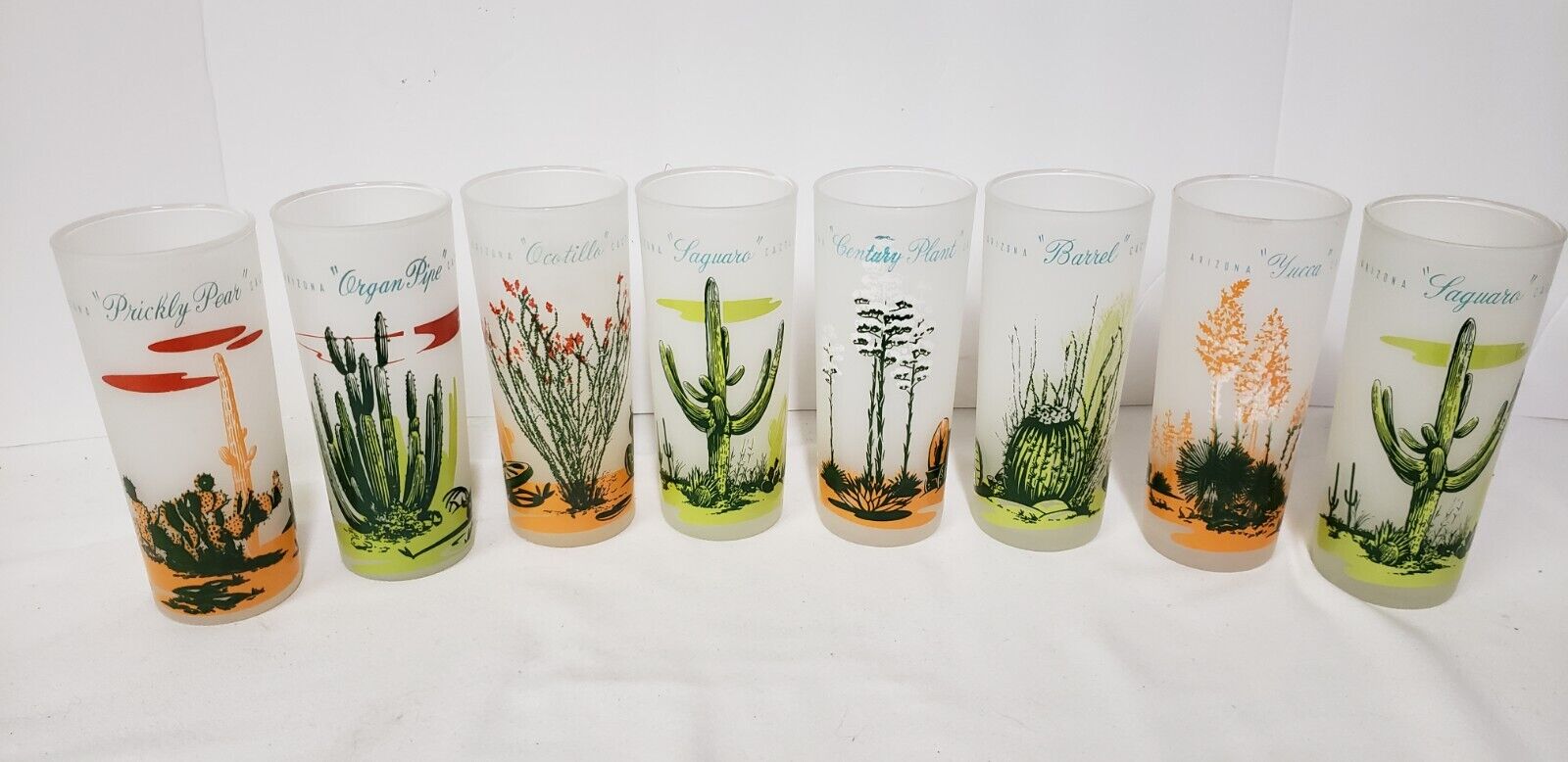 Vintage Blakely Oil & Gas Arizona Cactus Frosted Glasses Tumblers Set Of 8