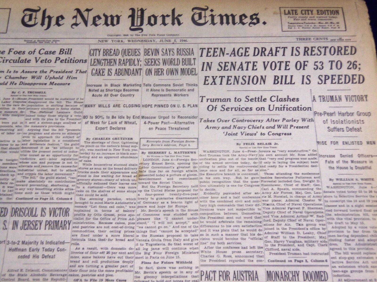 1946 JUNE 5 NEW YORK TIMES - TEEN-AGE DRAFT RESTORED - NT 2974