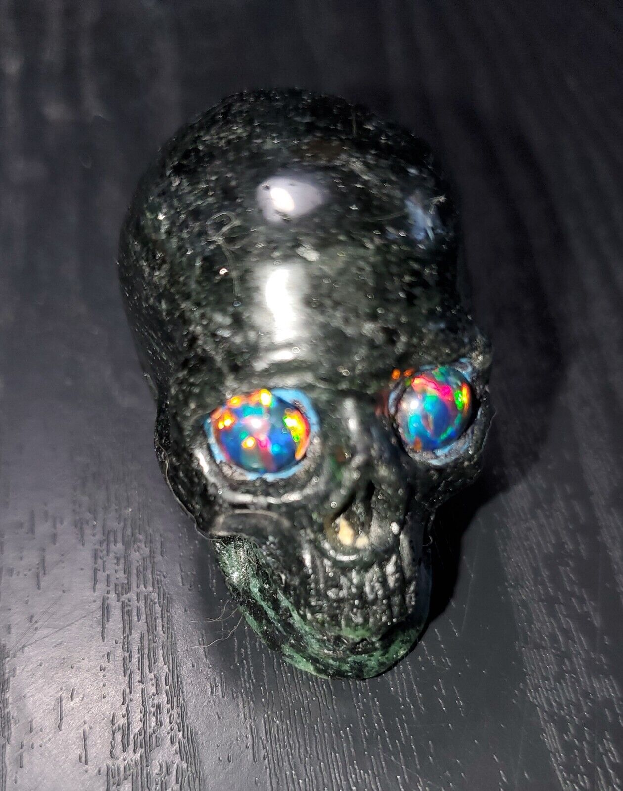 Rubilite Skull with Synthetic Black Opal Eyes