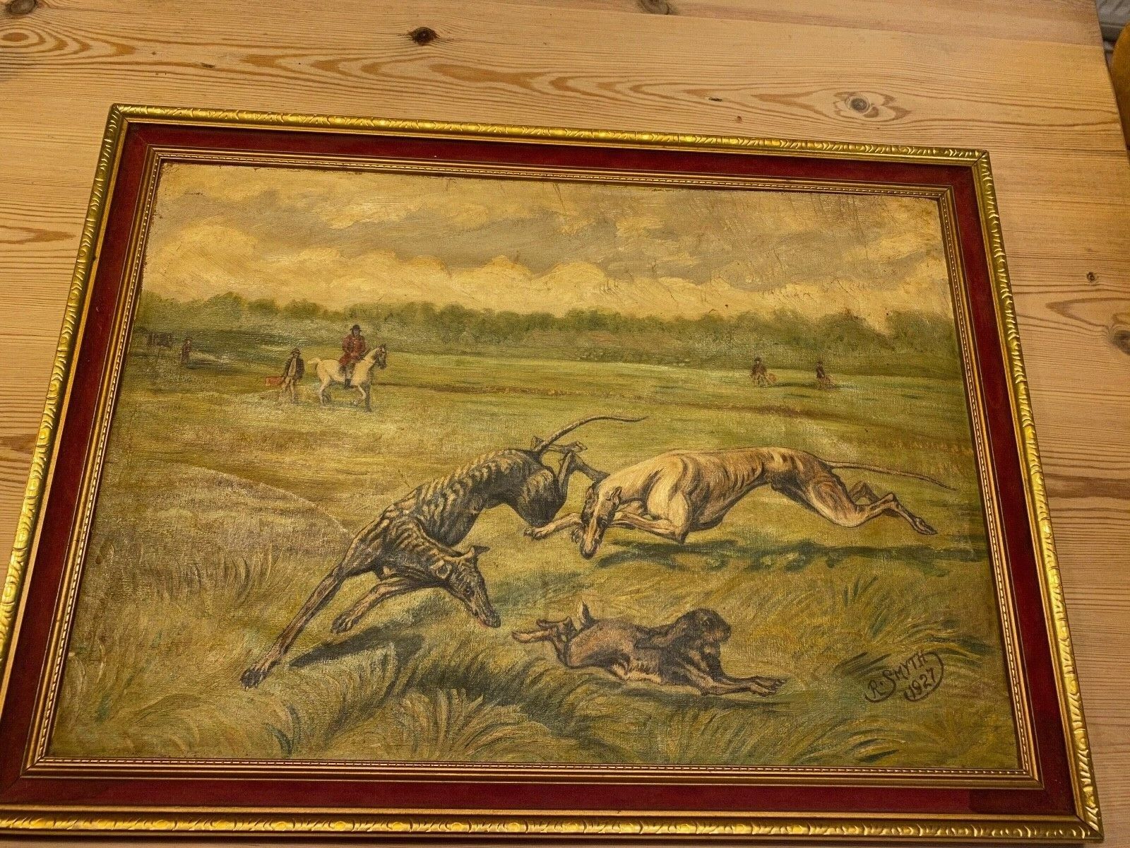 LARGE ANTIQUE GREYHOUND COURSING RACING DOG OIL PAINTING 1927 SIGNED ON CANVAS