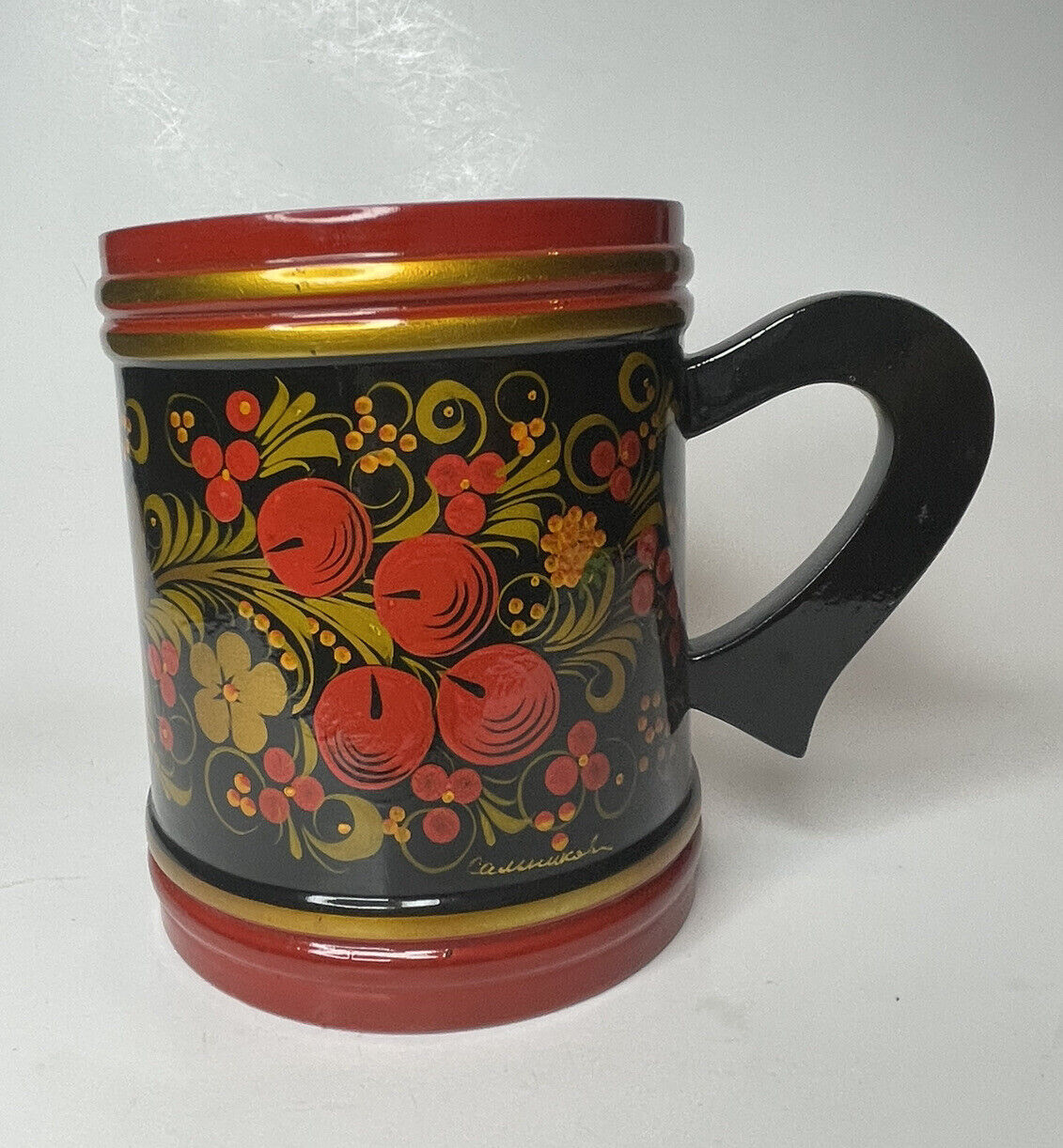 Vintage Khokhloma Signed Mug Hand Painted Russian Lacquer ware Large Flower Ins
