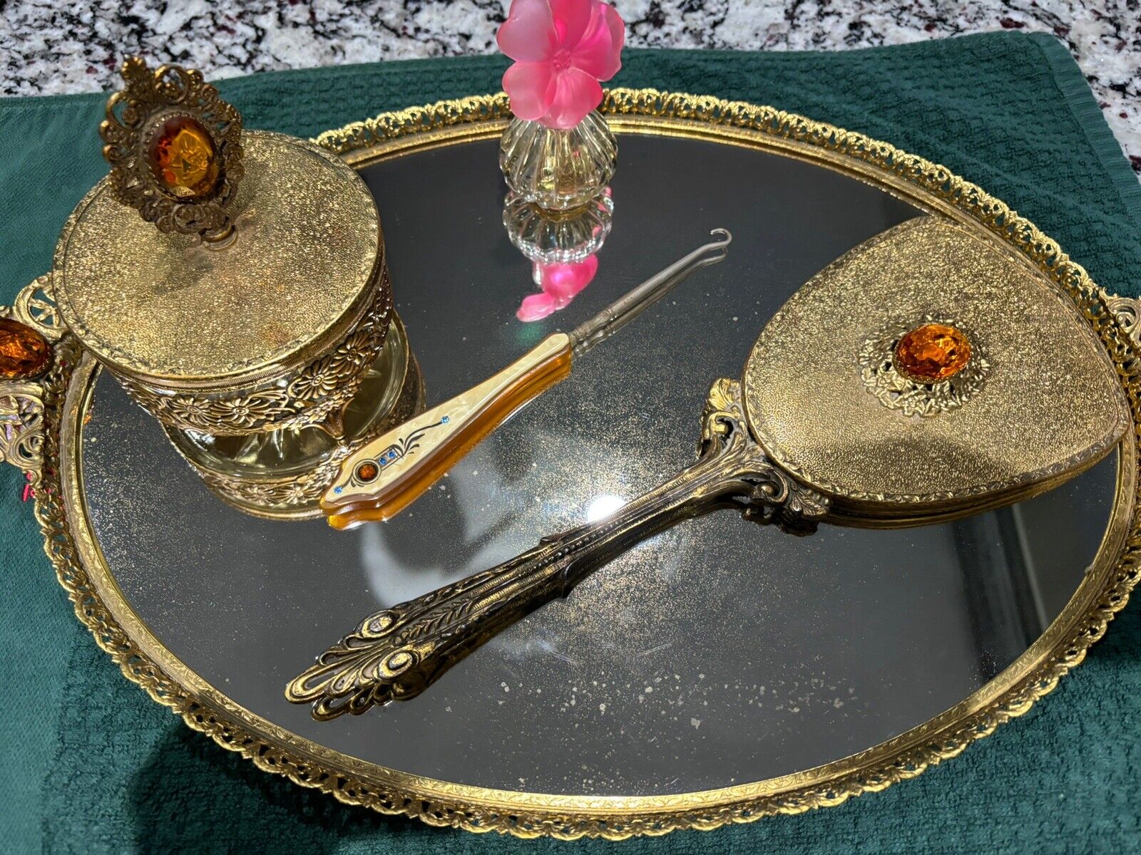 Vintage 1950’s To 1960s?   Gold Tone With  Stones 4 Piece Dresser Set Tray 18.5”