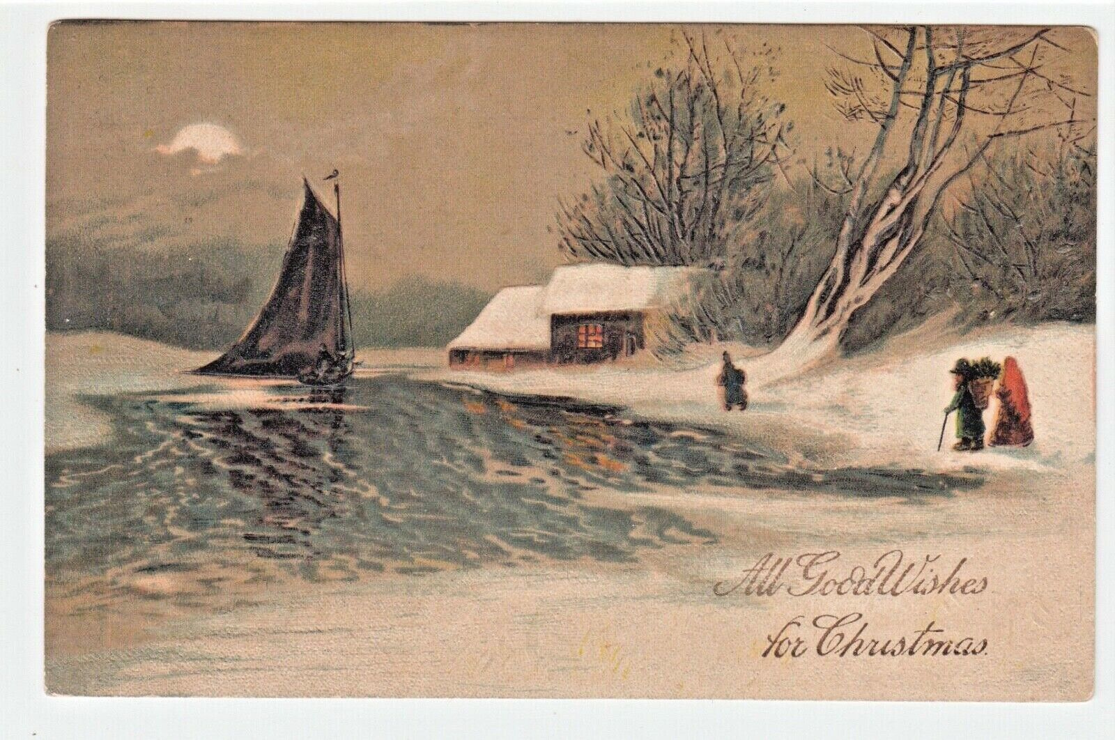 PFB Christmas Vintage Postcard Sailboat Boat Winter Scene Moon 9001 Germany 1909