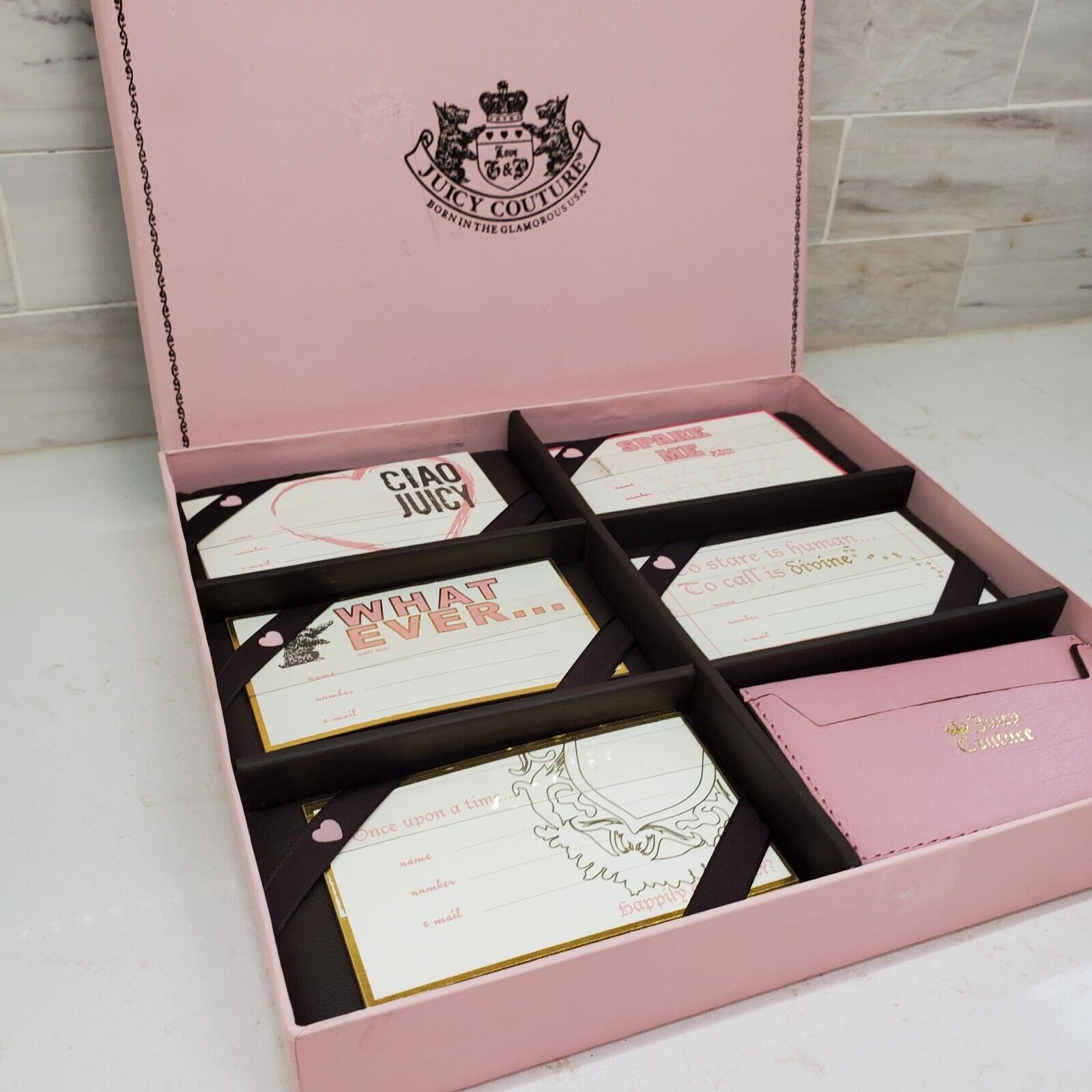 NEW Vtg Juicy Couture Calling Cards ALL 20 w Pink Leather Card Case Box Set