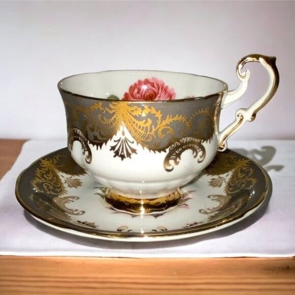 Vintage Rare Paragon Bone China Teacup and Saucer Antique Rose Gray and Gold