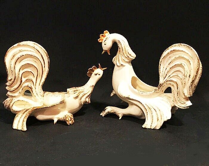 Mid Century pottery. Pair of sparring roosters. Planters. Marked 1954. Cream and