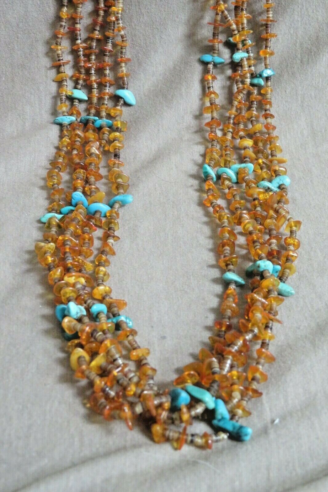 Older Santo Domingo Amber, turquoise & heishi 5 Strand Necklace I Lovato  JN427