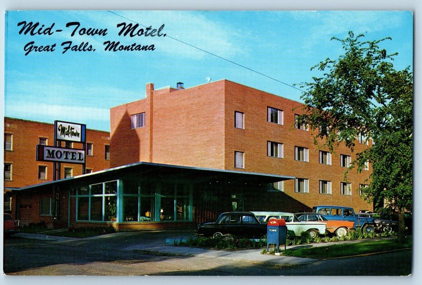Great Falls Montana Postcard Mid-Town Motel Classic Cars Building c1960 Unposted