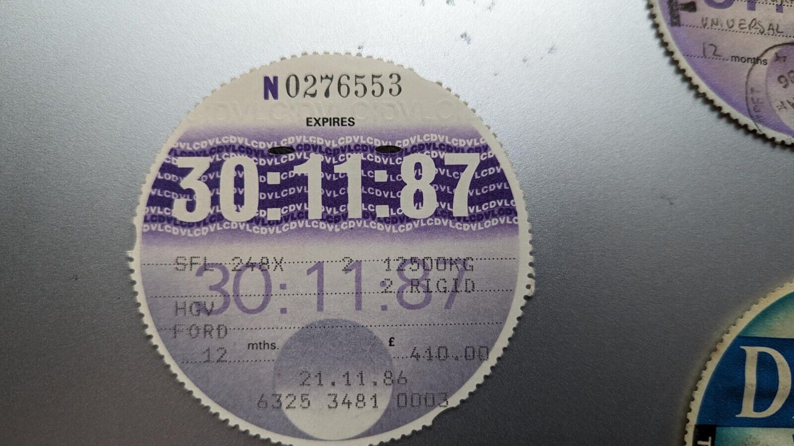 Rare Collectable old tax disc from NOV 1987............       .
