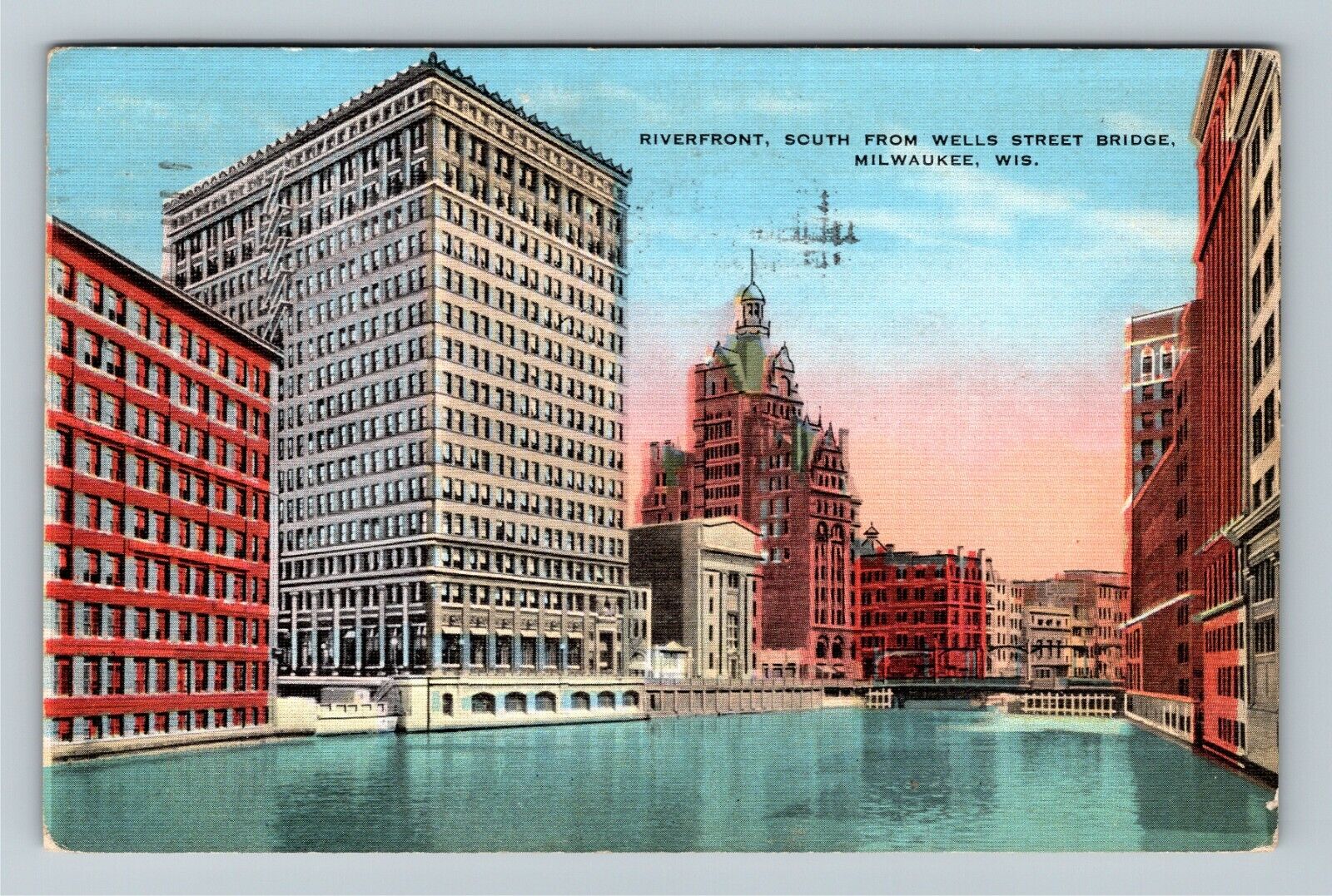 Milwaukee, WI-Wisconsin Riverfront From Wells Street Bridge Linen c1938 Postcard