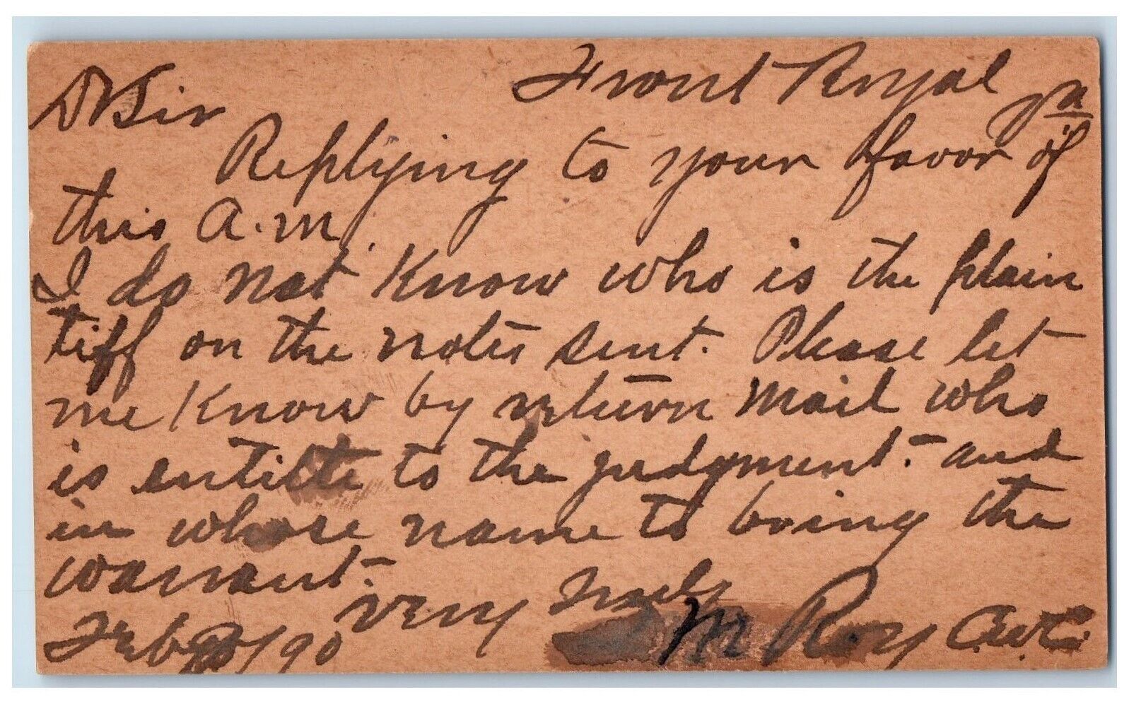 c1880\'s Entitle to the Judgement Trial Strasburg Front Royal VA Postal Card