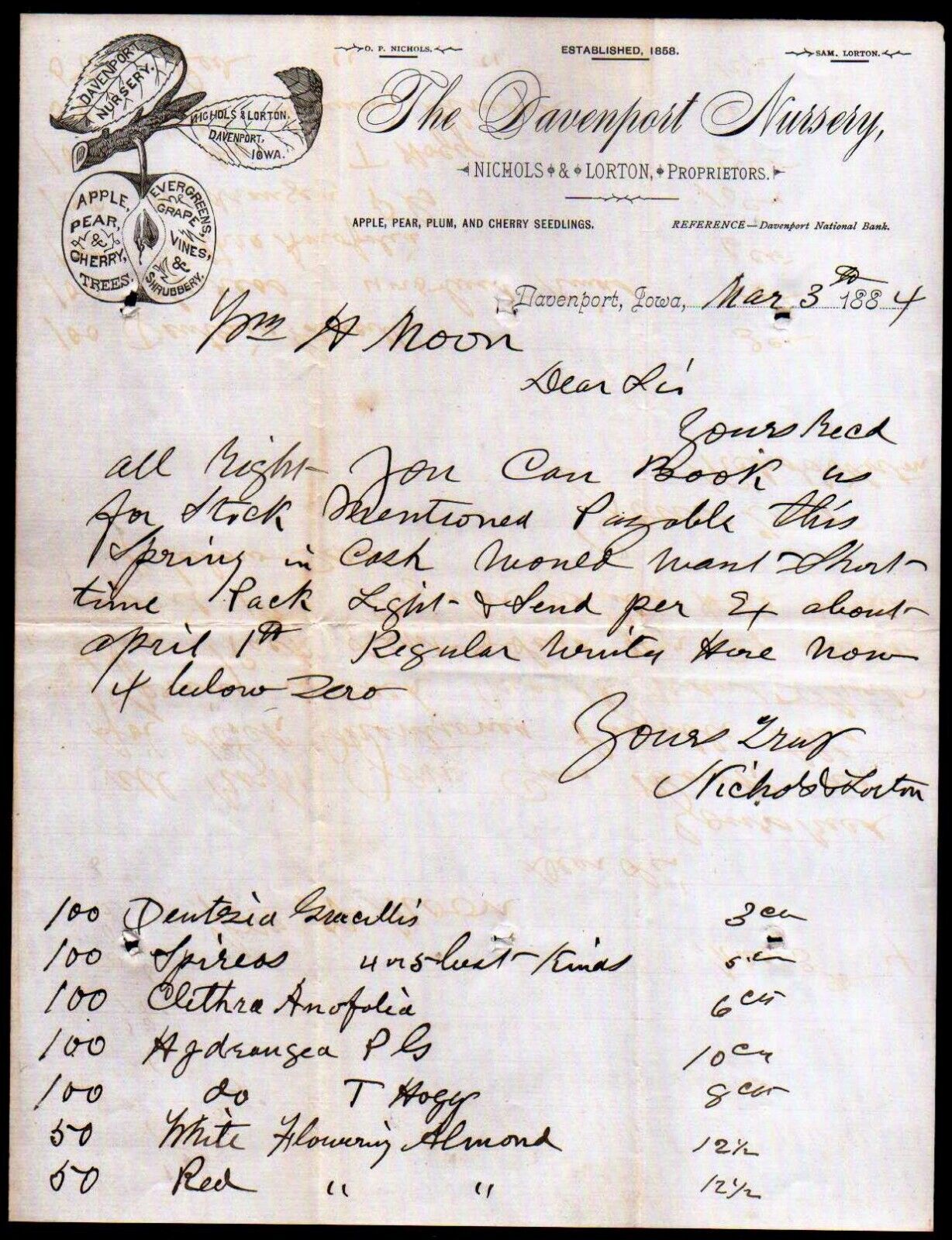 1884 - Davenport Nursery - Iowa - O P Nichols - EX Rare History Letter Head Bill