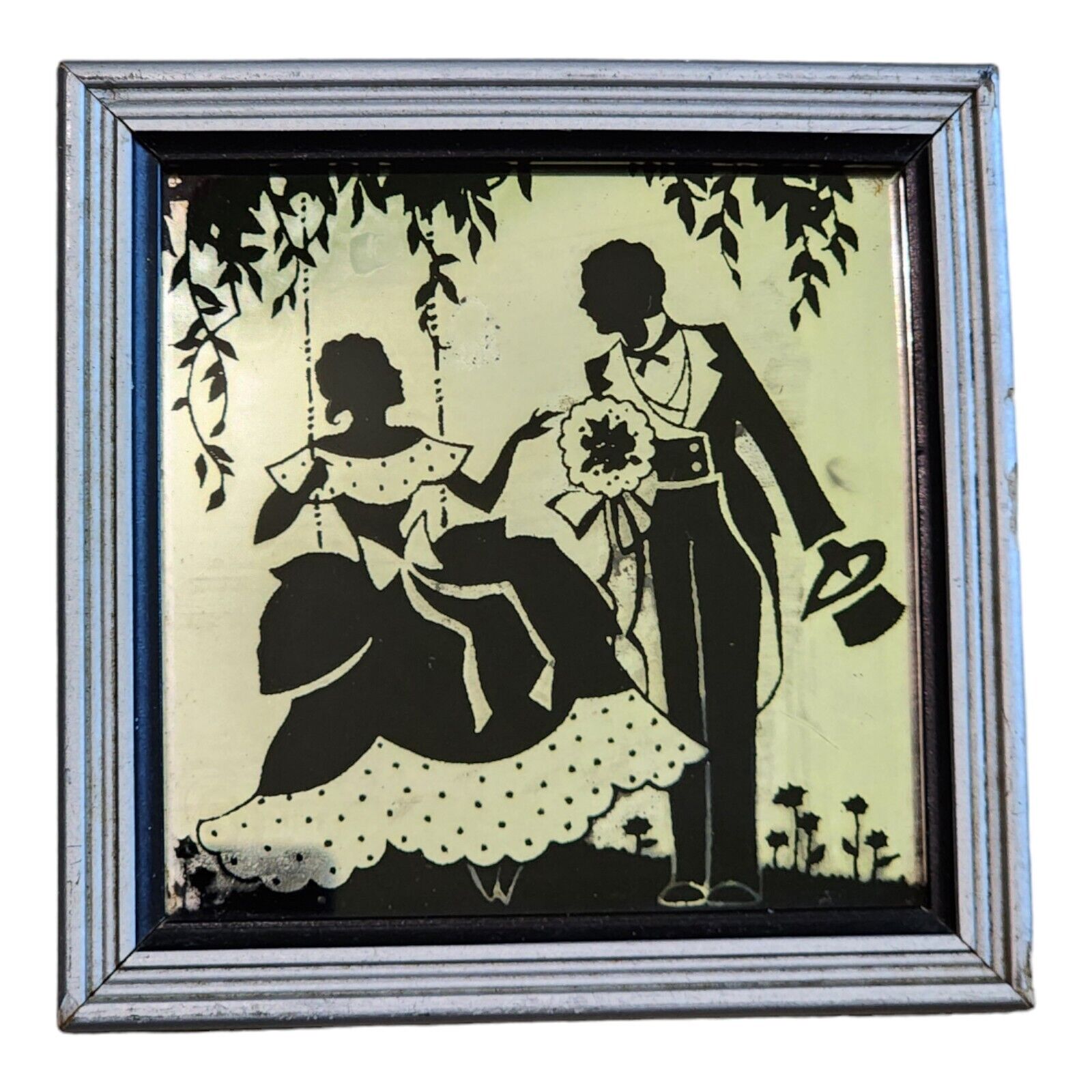 Vintage Reverse Painted Silhouette On Glass Lovers Deltex Products Painting 
