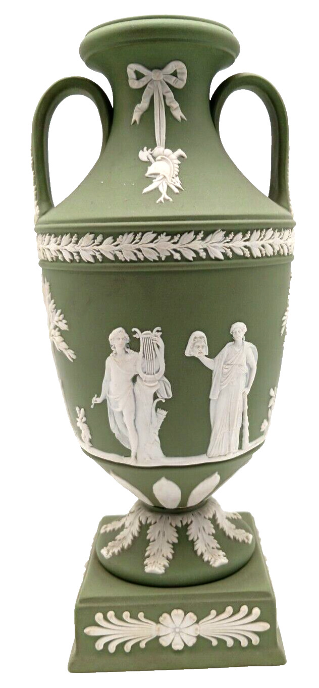 Rare Antique Wedgwood Green Jasperware Tall Apollo Muses Trophy Vase (c.1890s)