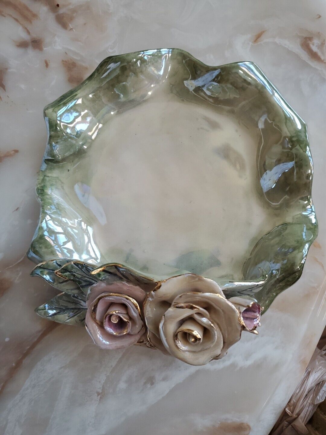 Heather Goldminc Signed Blue Sky Clayworks Decorative Iridescent Bowl Roses 2000